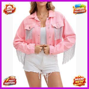 Cropped Denim Jacket with Fringe Tassel Trim, Western Style, Long Sleeve